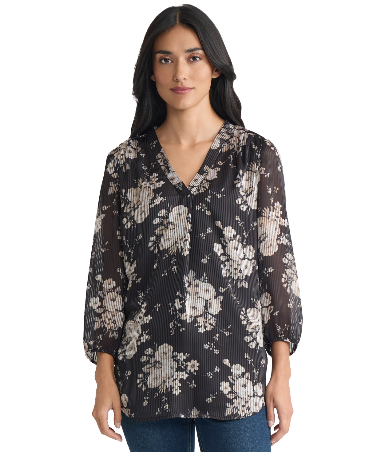 Jones New York Women's 3/4-sleeve V-neck Tunic Top In Black