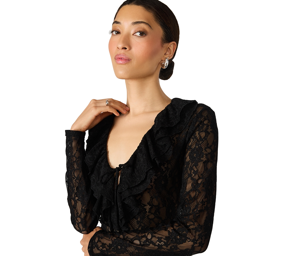 Steve Madden Elvie Sheer Lace Long Sleeve Top In Black
