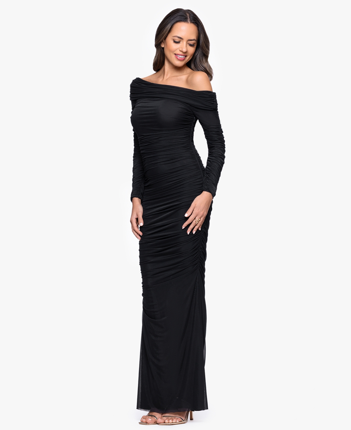Betsy & Adam Women's Long Off-the-shoulder Gown In Black