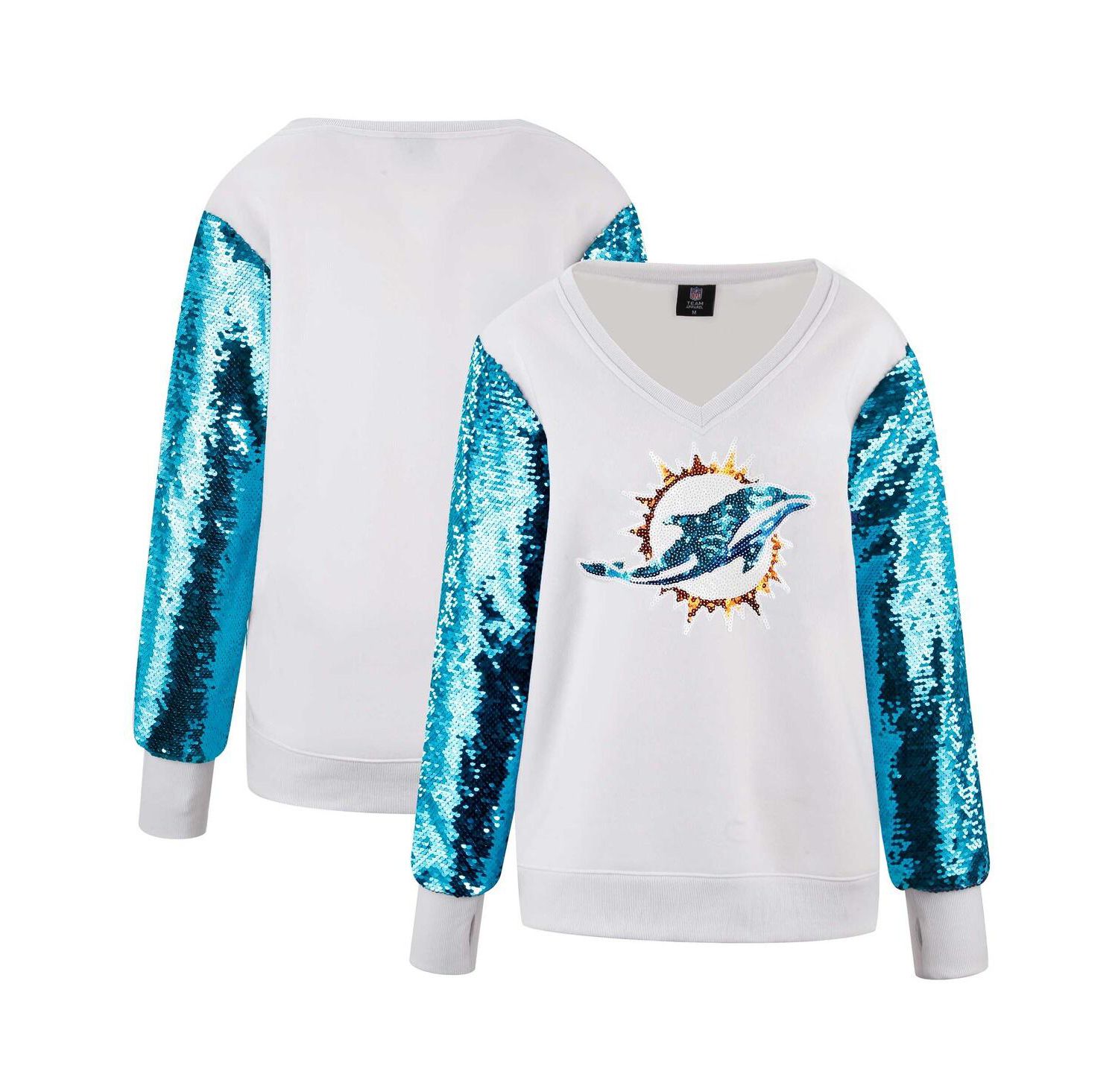 Women's White Miami Dolphins Sequin Sleeve V-Neck Pullover Sweatshirt