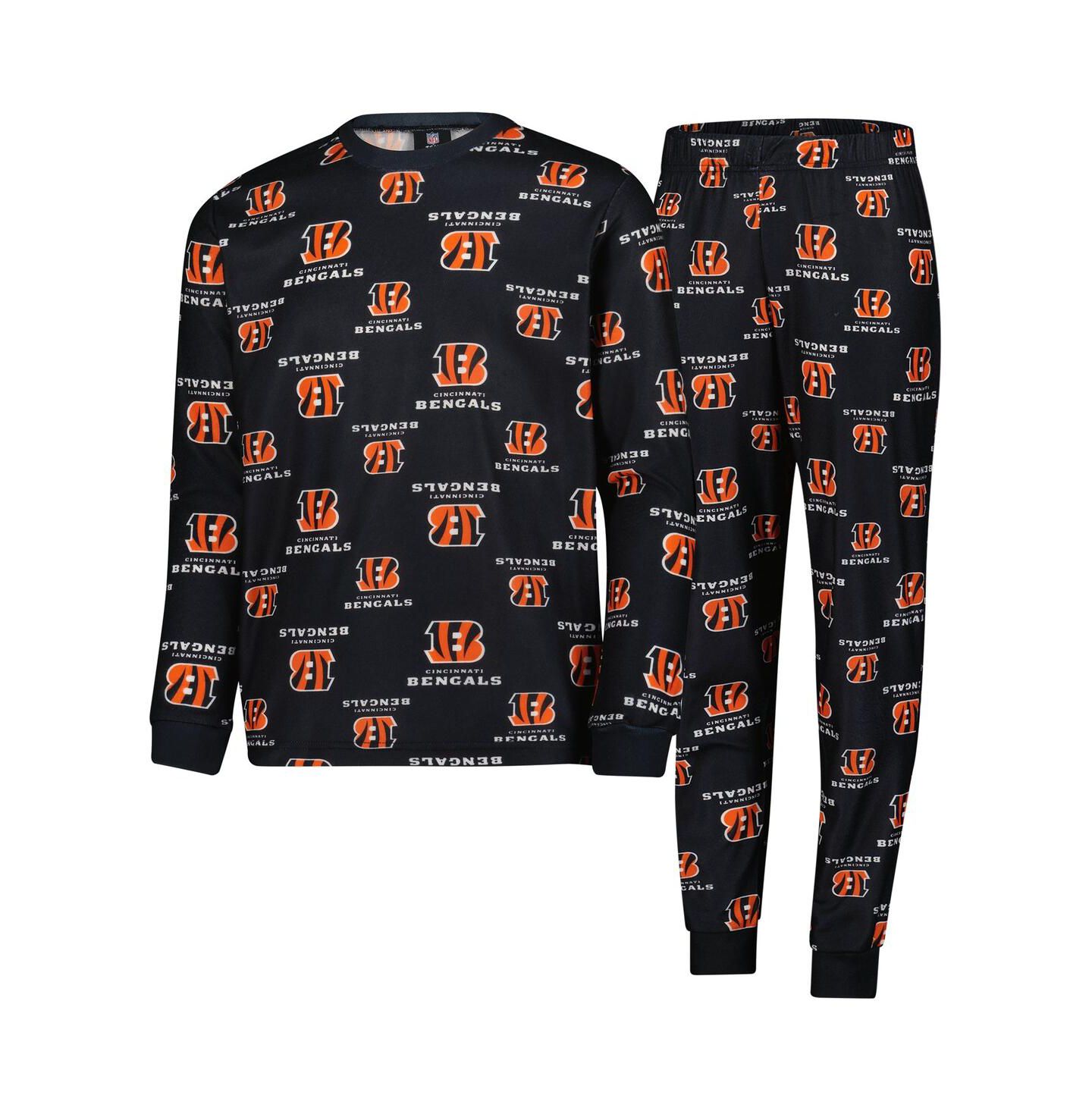 Детские пижамы Outerstuff Big Boys and Girls 2-Piece Black Cincinnati Bengals All-Over-Print Long Sleeve T-Shirt and Pants Sleep Set — фото 1
