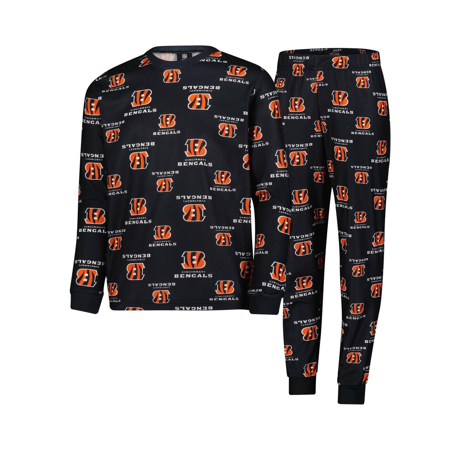 Big Boys and Girls 2-Piece Black Cincinnati Bengals All-Over-Print Long Sleeve T-Shirt and Pants Sleep Set