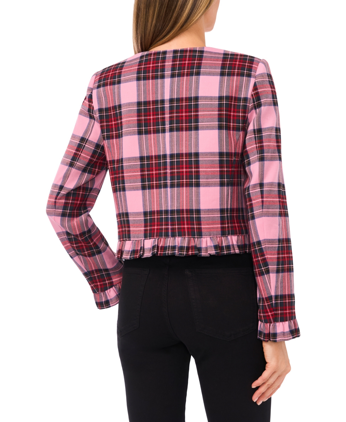 Cece Women's Collarless Crew Neck Ruffle Detail Jacket In Multi