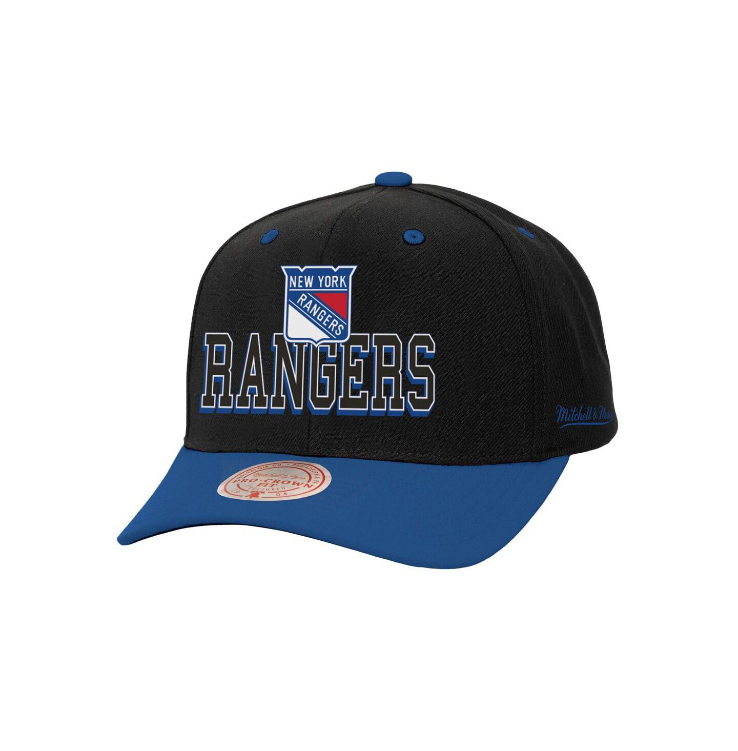Мужская кепка Mitchell & Ness Black/Blue New York Rangers Backside Script 2-Tone Pro Crown Adjustable Hat — фото 1