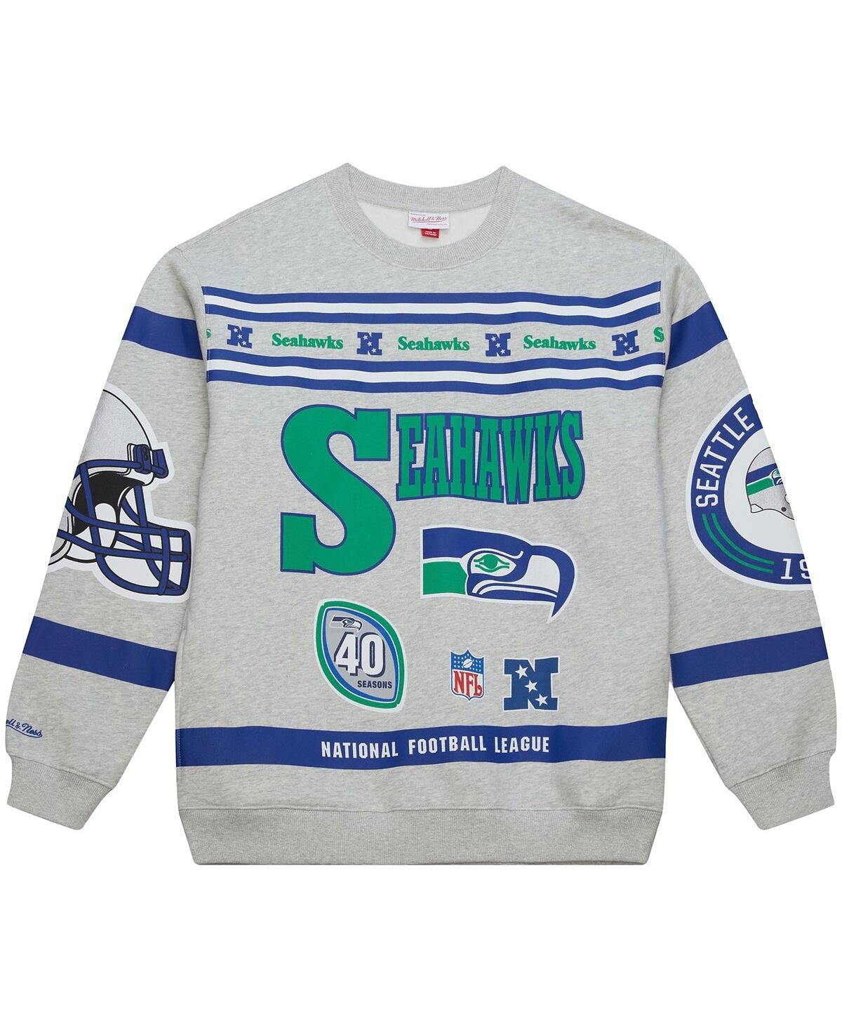 Mitchell & Ness Heather Gray Seattle Seahawks All Over Print Vintage Fleece Crewneck Sweatshirt In Multi