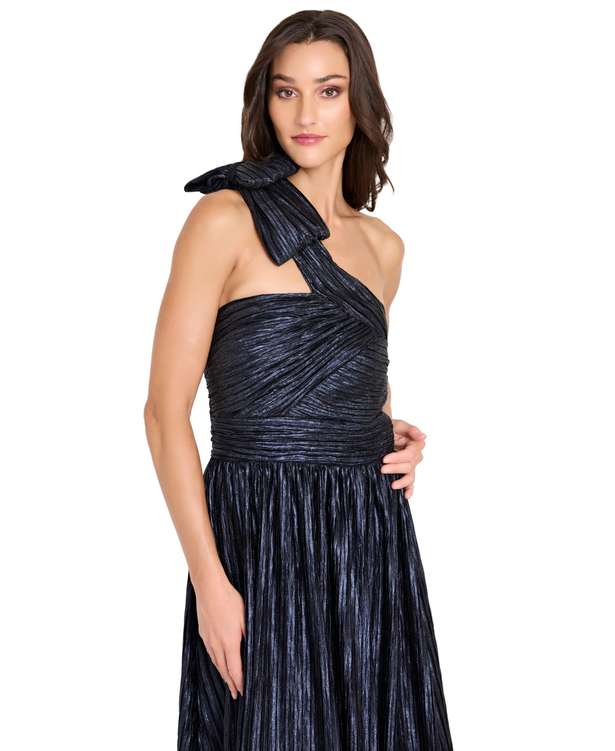 Tahari Asl One-shoulder Crinkle Evening Gown In Blue