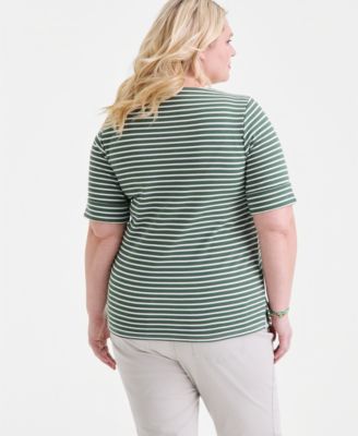 Plus Size Boat-Neck Elbow Sleeve Cotton Top, Exclusively at Macy's