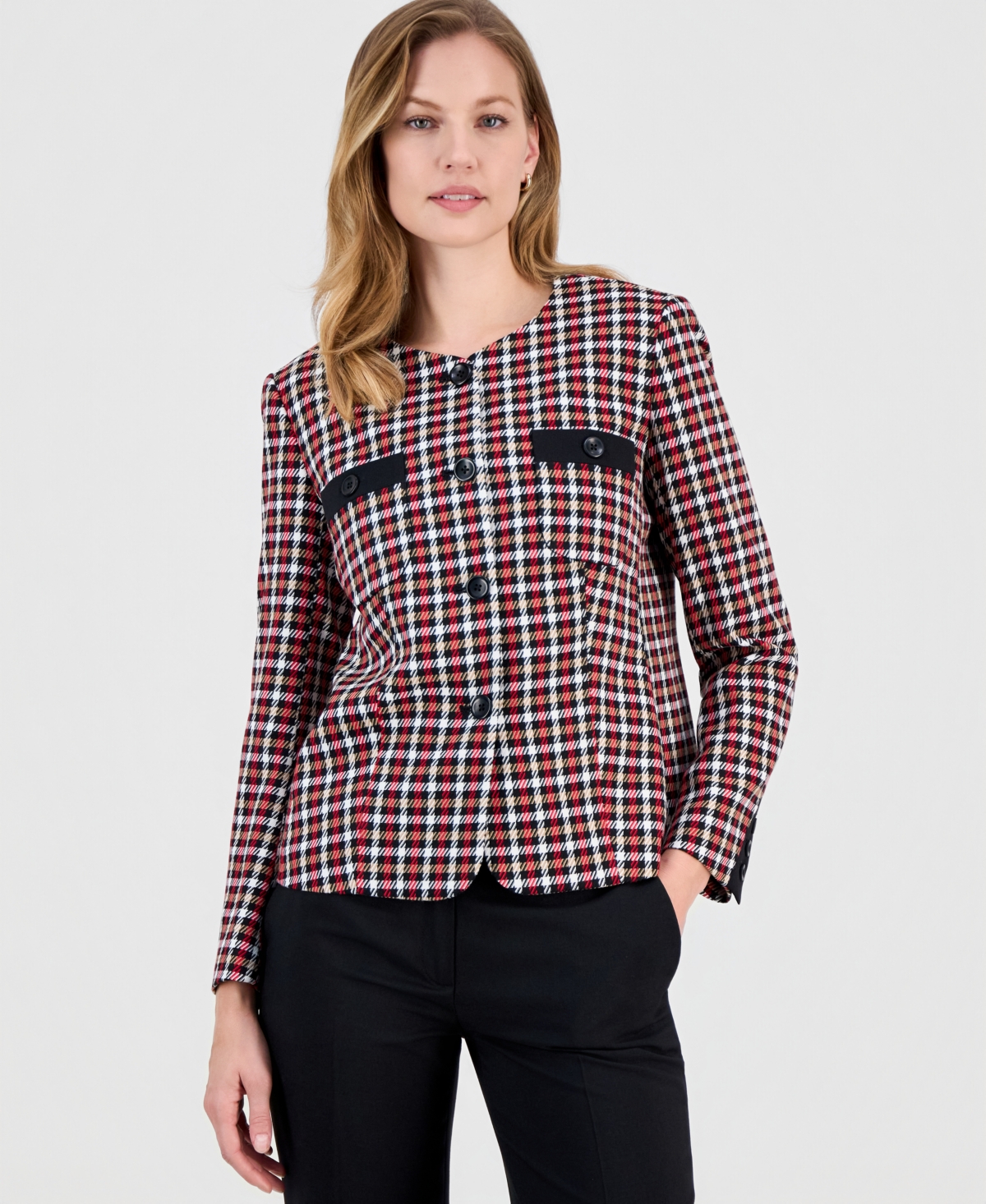 Kasper Women's Houndstooth Collarless Button-front Jacket In Multi