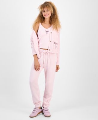 Hippie Rose Juniors Bow Teddy Knit Tank Cardigan Set Bow Teddy Knit Jogger Pants In Pink