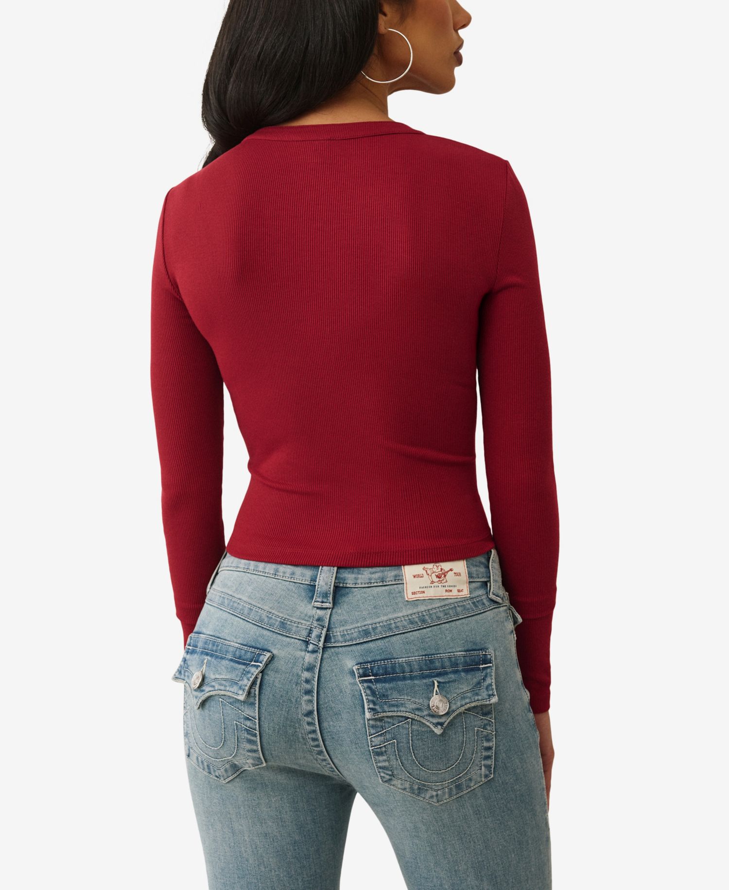 Women's LS Printed Ribbed Henley Top