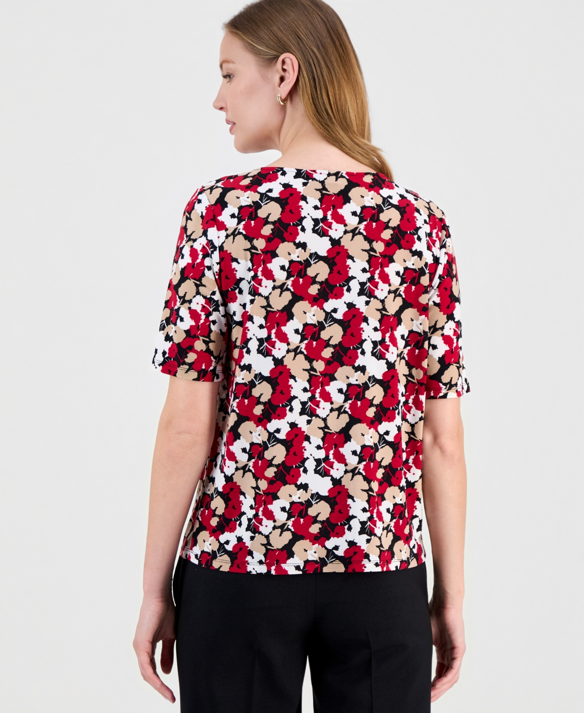 Kasper Petite Printed Box-Pleat Elbow-Sleeve Top