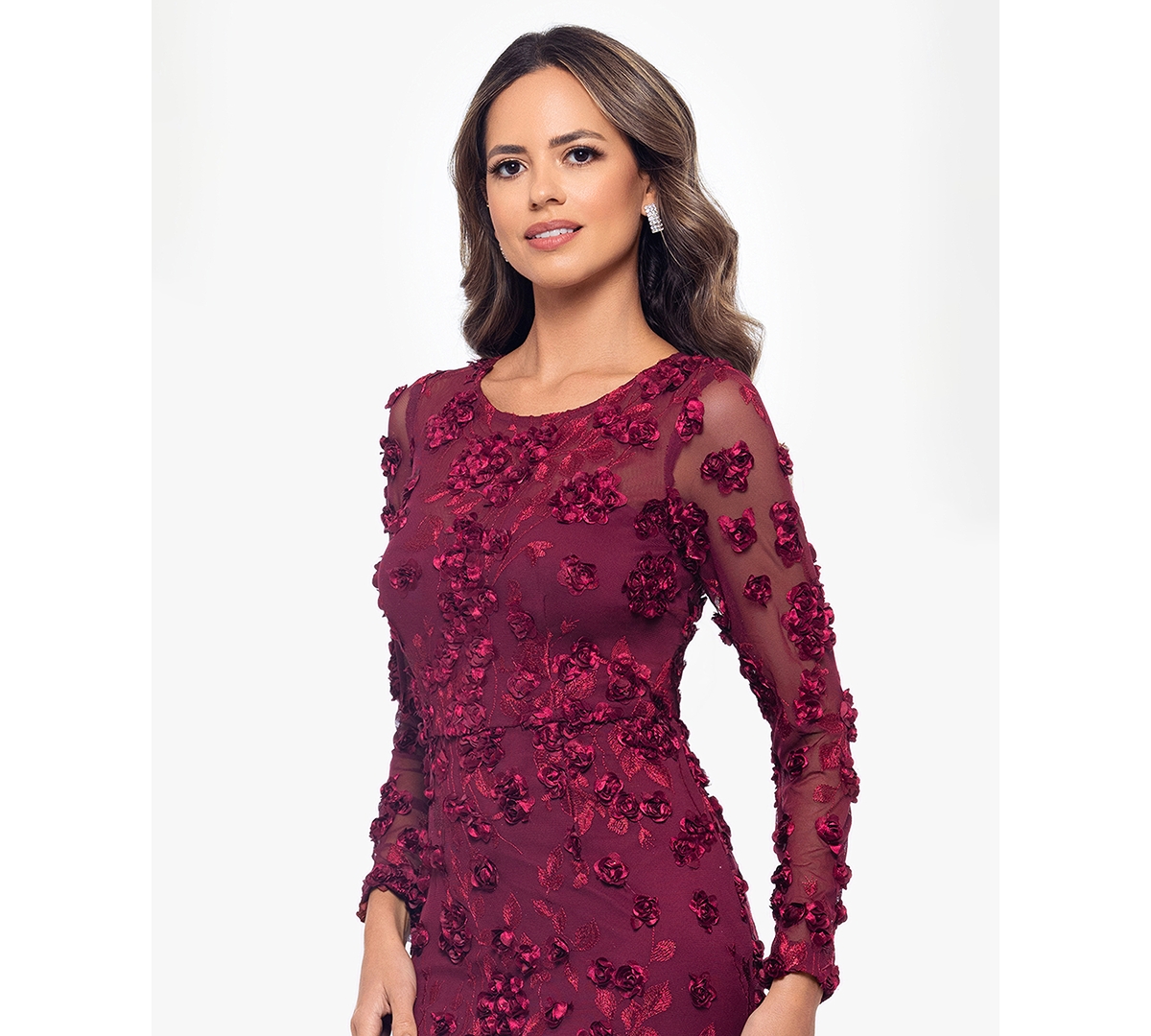 Xscape Women's Long Sleeve Rose Flower Dress In Pink