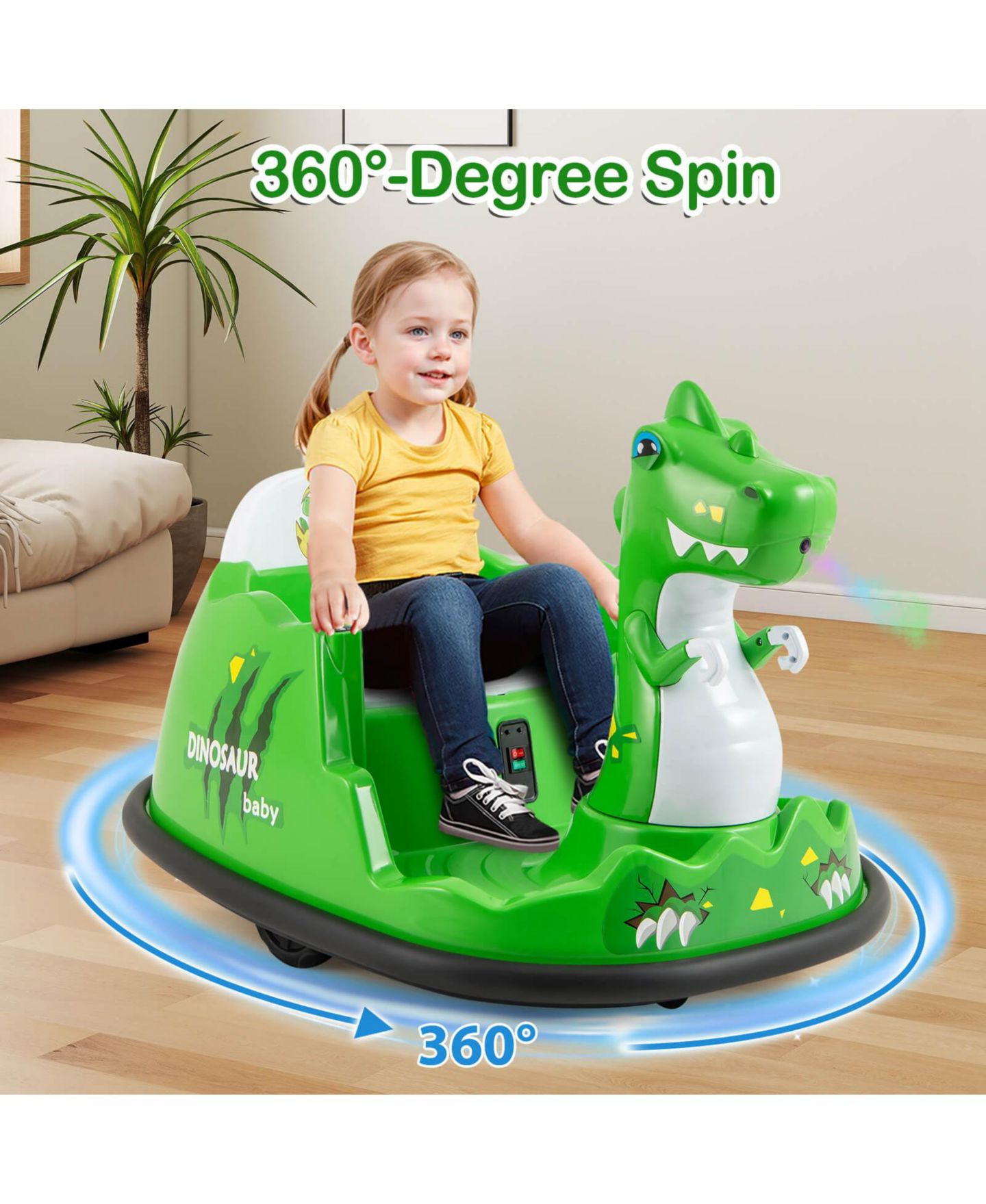 Детская игрушка Costway Dinosaur Ride-On Bumper Car with Remote Control, Spray and Lights, 44 lbs, 2–5 лет, цвет: Зелёный — фото 9