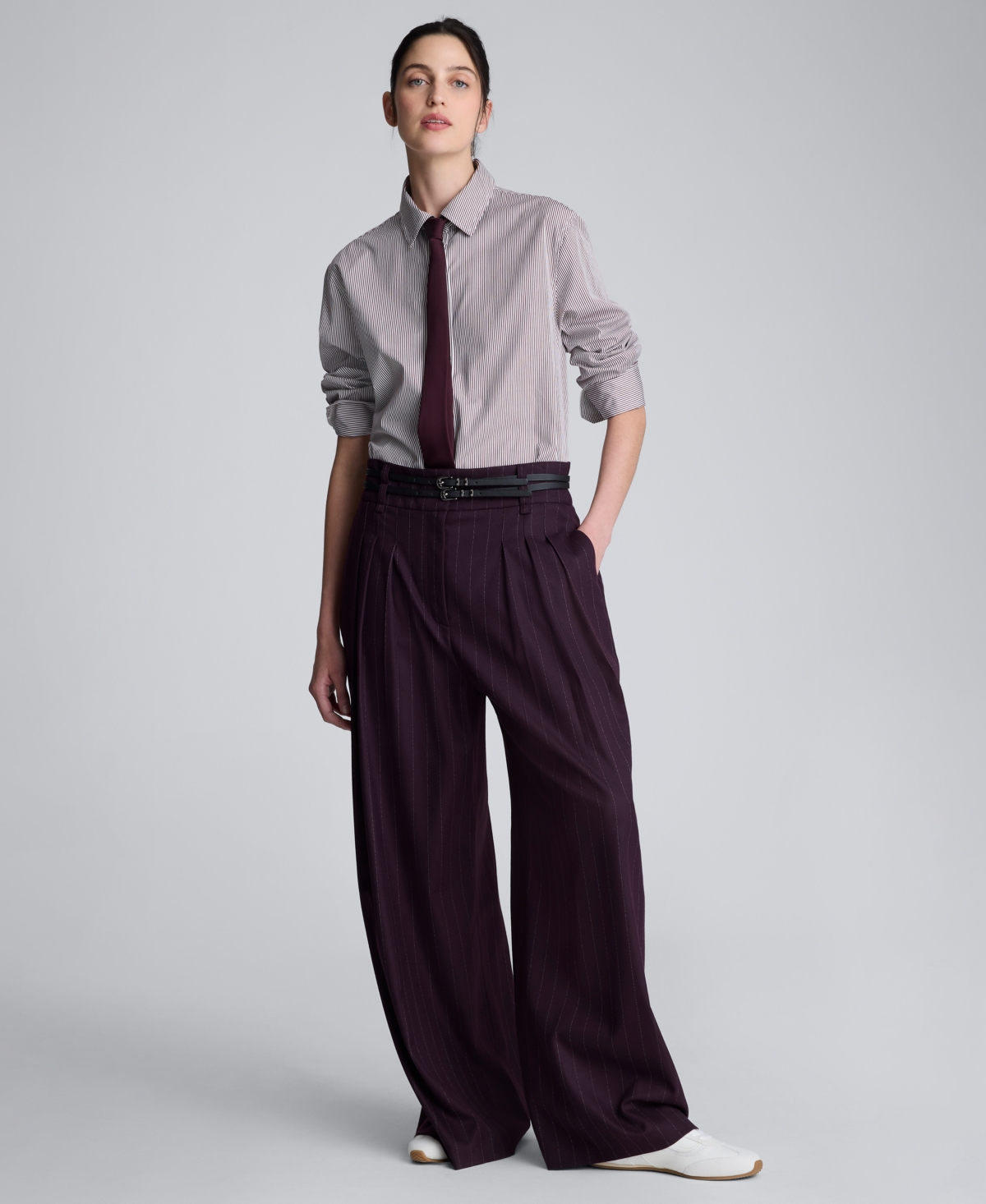Kenneth Cole Pinstripe Pleated Double Belted High Waist Wide Leg Pants In Black