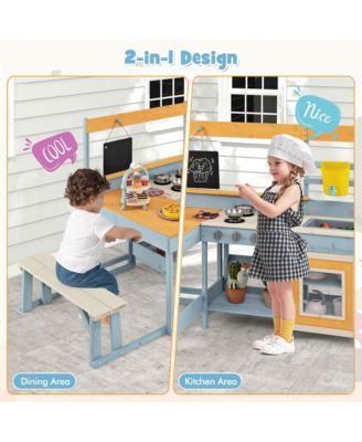 Mud Kitchen with Kids Picnic Table Built-in Bench Blackboard Water Box Sink