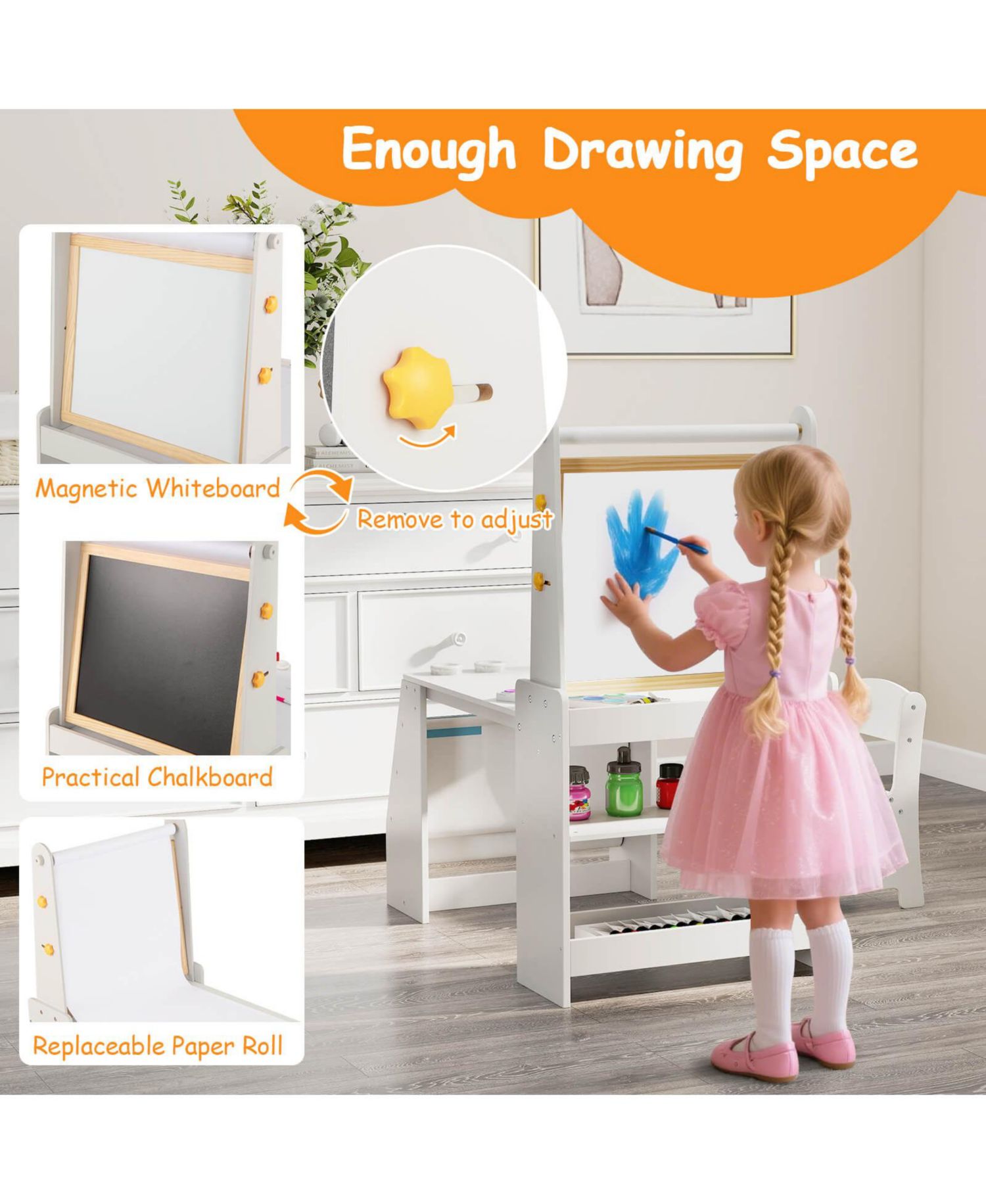 Kids Art Table and Chair Set with Easel Whiteboard Chalkboard Paper
