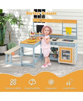 Mud Kitchen with Kids Picnic Table Built-in Bench Blackboard Water Box Sink