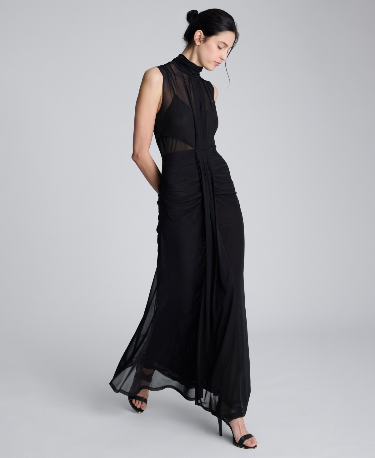Kenneth Cole Pleated Illusion Neck Maxi Cocktail Dress In Black