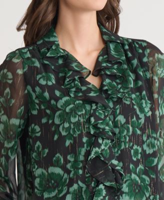 Women's Printed Ruffle-Front Long-Sleeve Blouse