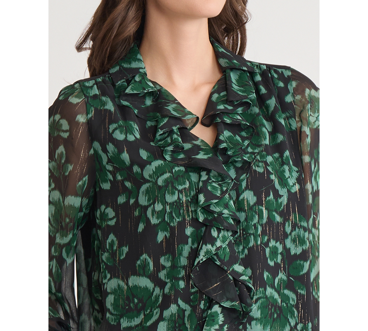 Kasper Women's Printed Ruffle-front Long-sleeve Blouse In Multi