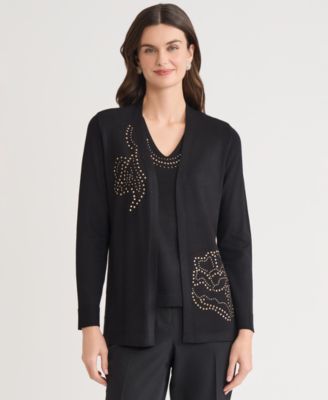 Kasper - Stud-Embellished Kissing-Front Long-Sleeve Cardigan, Regular & Petites