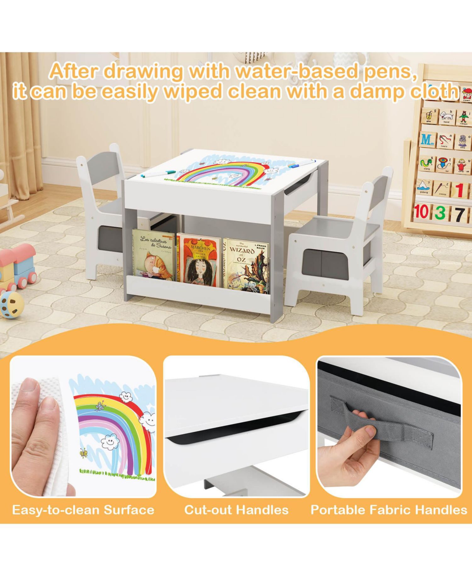 Ages 3-6 Reversible Chalkboard-Whiteboard Activity Table with Storage, 5-Piece Set