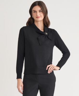 Women's Beaded-Brooch Tie-Neck Sweater, Regular & Petite