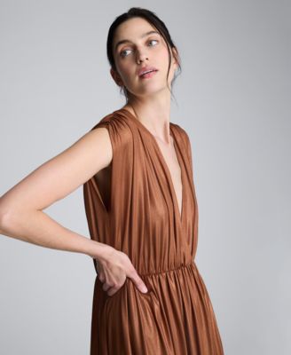 Women's Metallic Knit V-Neck Gathered Maxi Dress