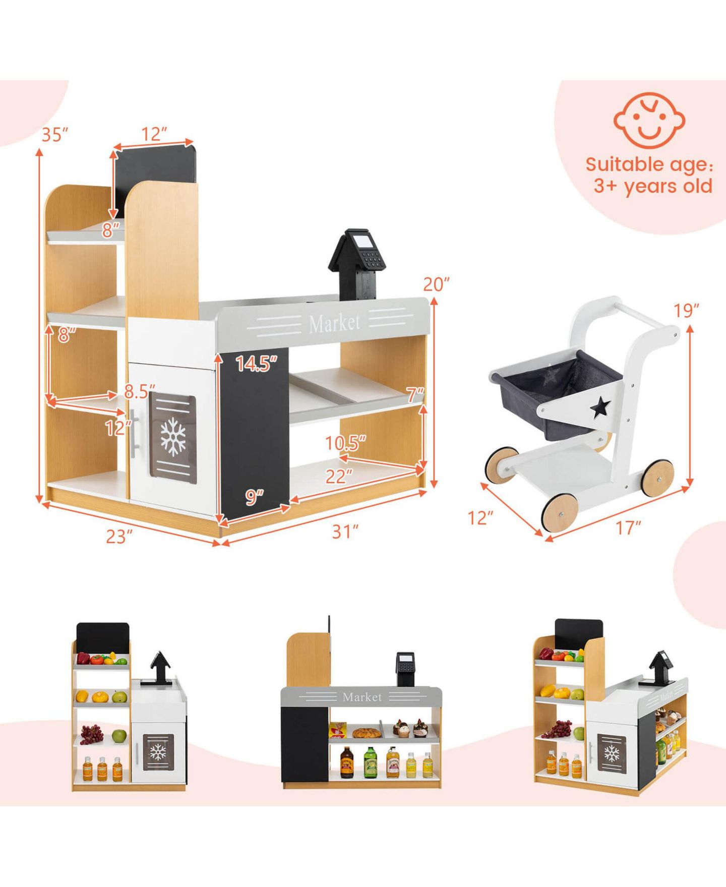 Детская игрушка Costway Kids Grocery Store with Shopping Cart Cash Register Scanner, цвет: Assorted Pre-Pack — фото 3