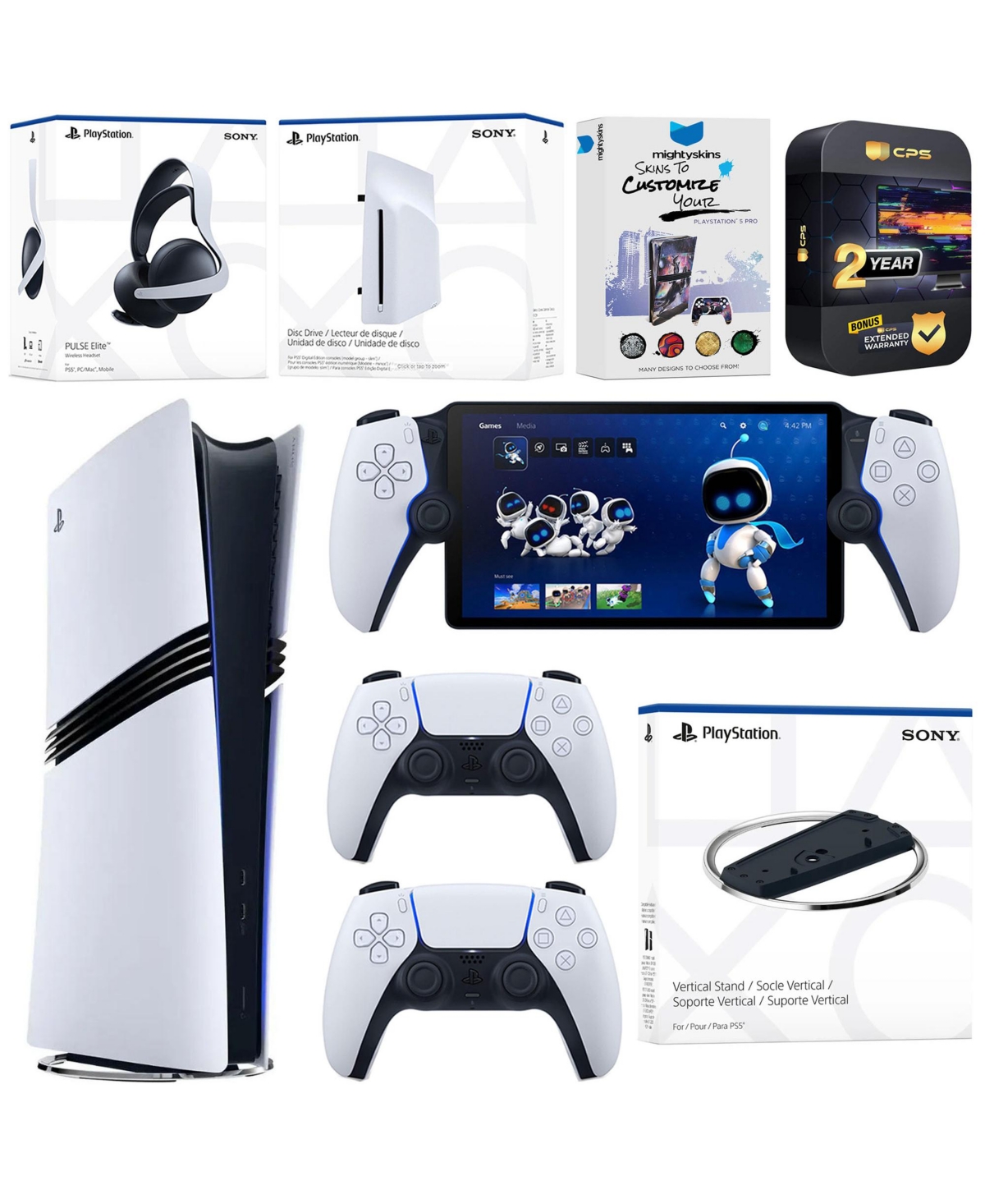 Sony PlayStation 5 Pro Digital Bundle with Disc Drive, Stand, Extra Controller, Pulse Elite Headset, PlayStation - White