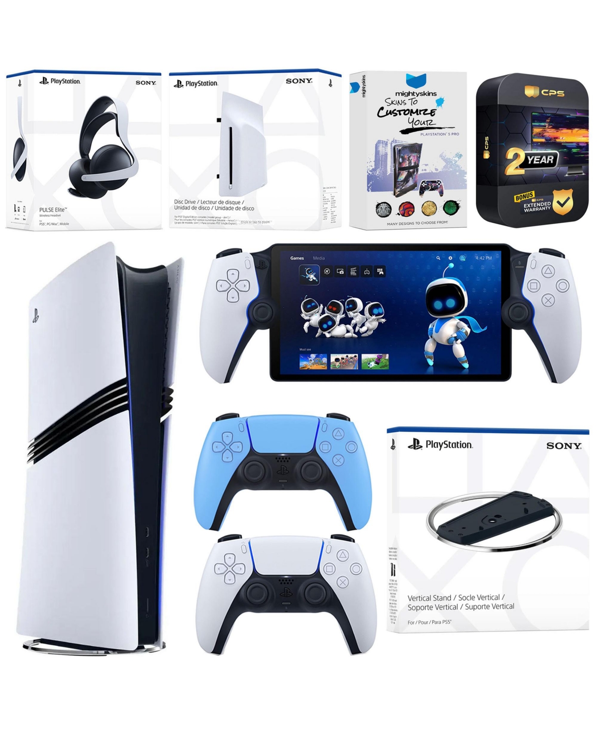 Sony PlayStation 5 Pro Digital Bundle with Disc Drive, Stand, Extra Controller, Pulse Elite Headset, PlayStation - Starlight blue