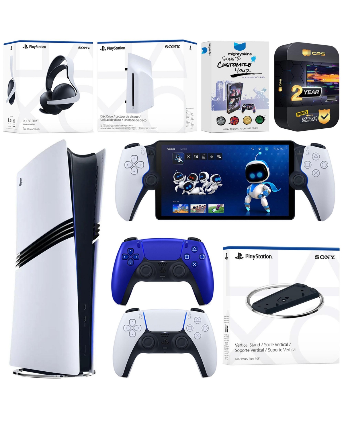 Sony PlayStation 5 Pro Digital Bundle with Disc Drive, Stand, Extra Controller, Pulse Elite Headset, PlayStation - Cobalt blue