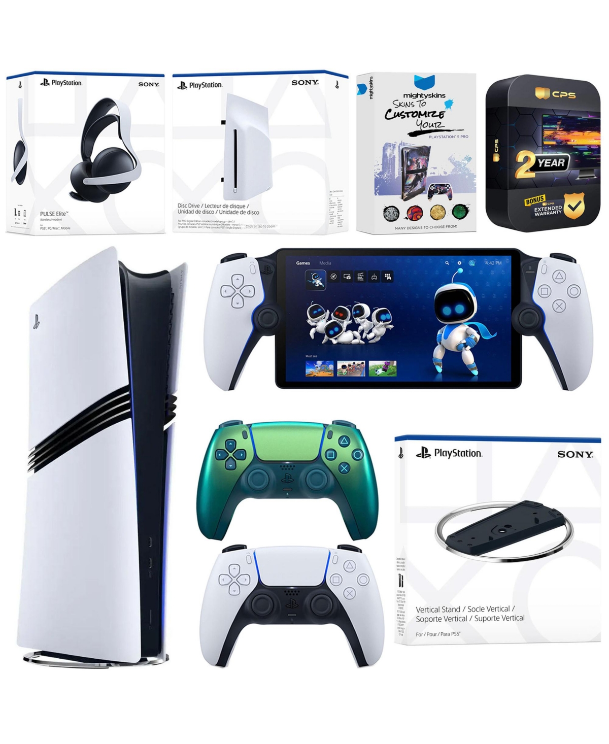 Sony PlayStation 5 Pro Digital Bundle with Disc Drive, Stand, Extra Controller, Pulse Elite Headset, PlayStation - Chroma teal