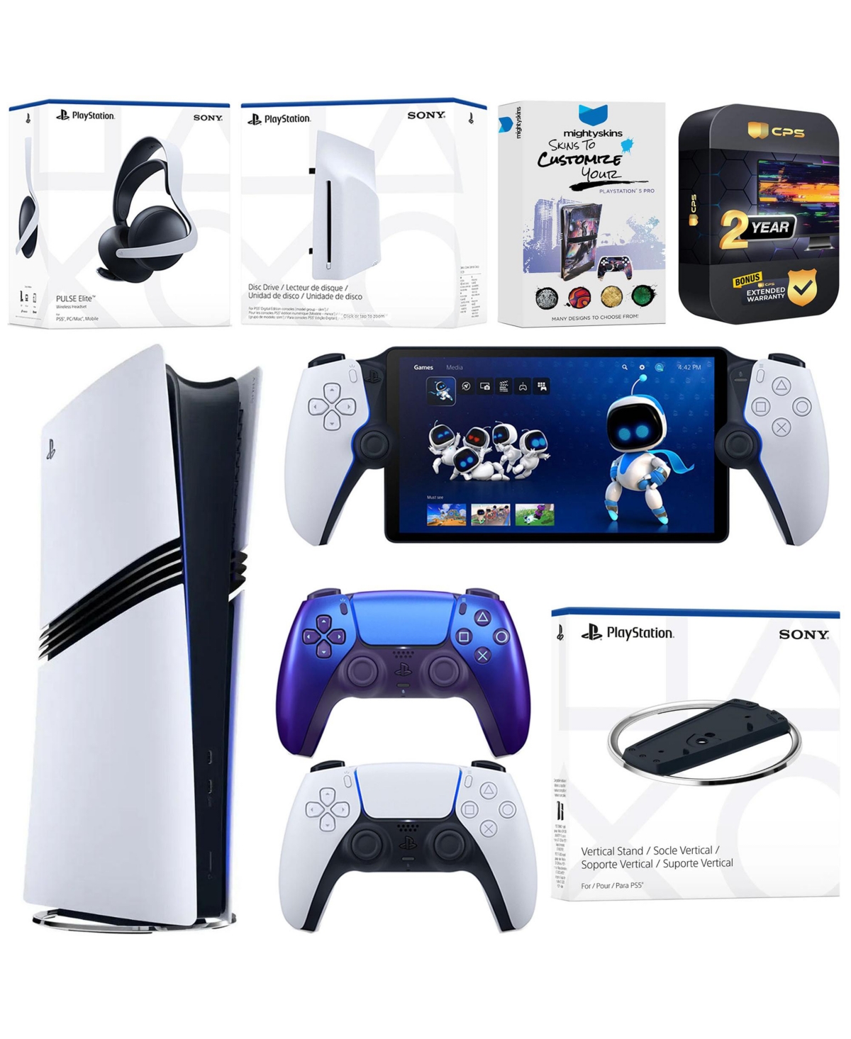 Sony PlayStation 5 Pro Digital Bundle with Disc Drive, Stand, Extra Controller, Pulse Elite Headset, PlayStation - Chroma indigo
