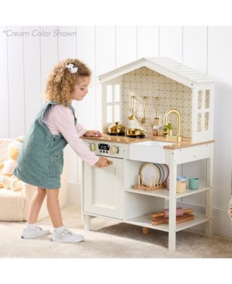 Pretend Play Wooden Farmhouse Kitchen Set w/ Storage, Clicking Knobs, 5 Accessories