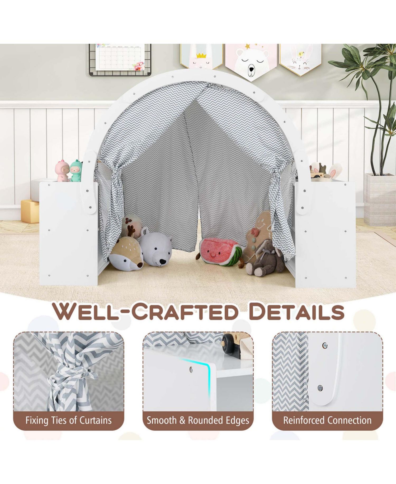 Wooden 8-Cubby Storage Playhouse with Curtain Shades