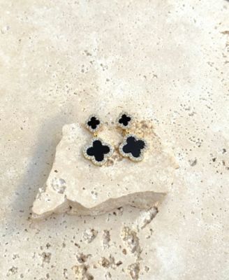 Gold CZ Double Black Clover Drop Earrings