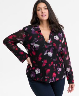 Plus Size Printed Collared Mesh Top, Macy's Exclusive 