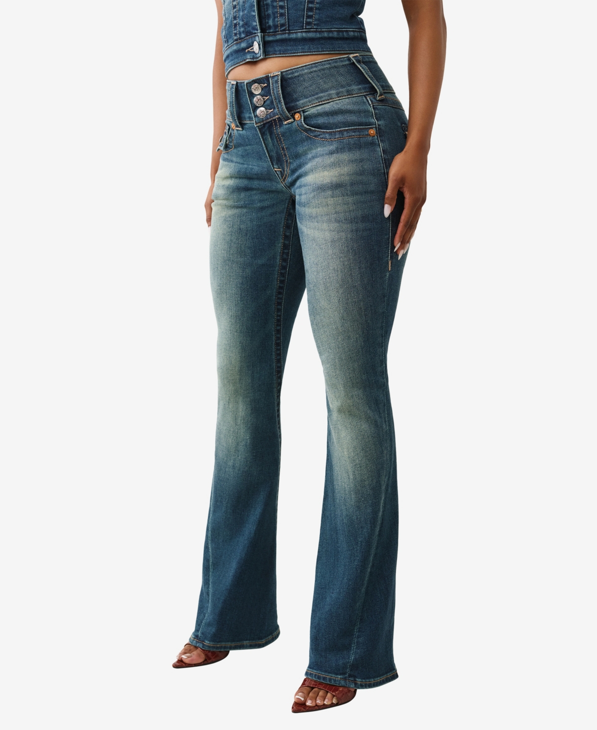 True Religion Women's Y2K Joey Flare Mid Rise Flap Jeans