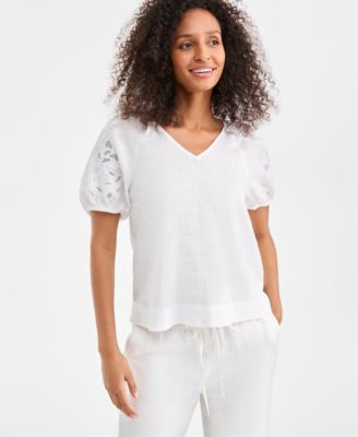 Charter Club - Women's Linen V-Neck Appliqu&eacute;-Sleeve Top