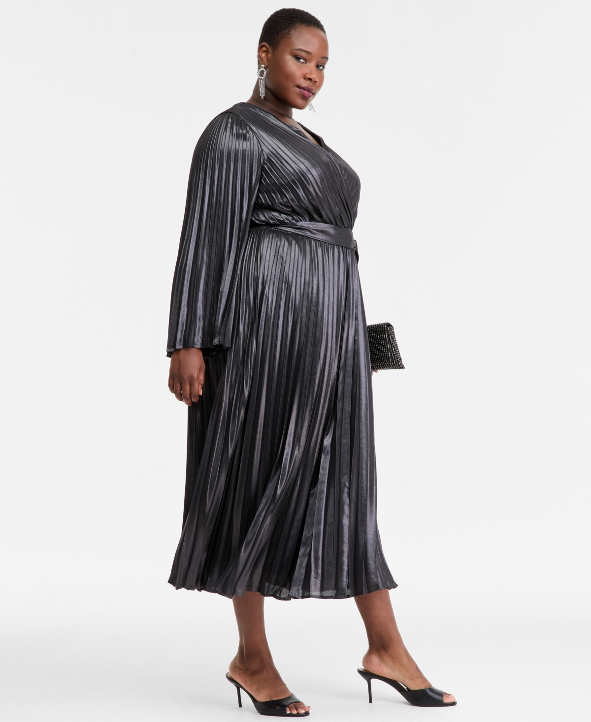 Inc International Concepts Plus Size Foil-print Pleated Maxi Dress, Macy's Exclusive In Gray