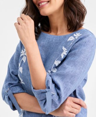 Women's 100% Linen Floral-Embroidered 3/4-Sleeve Top, Macy's Exclusive