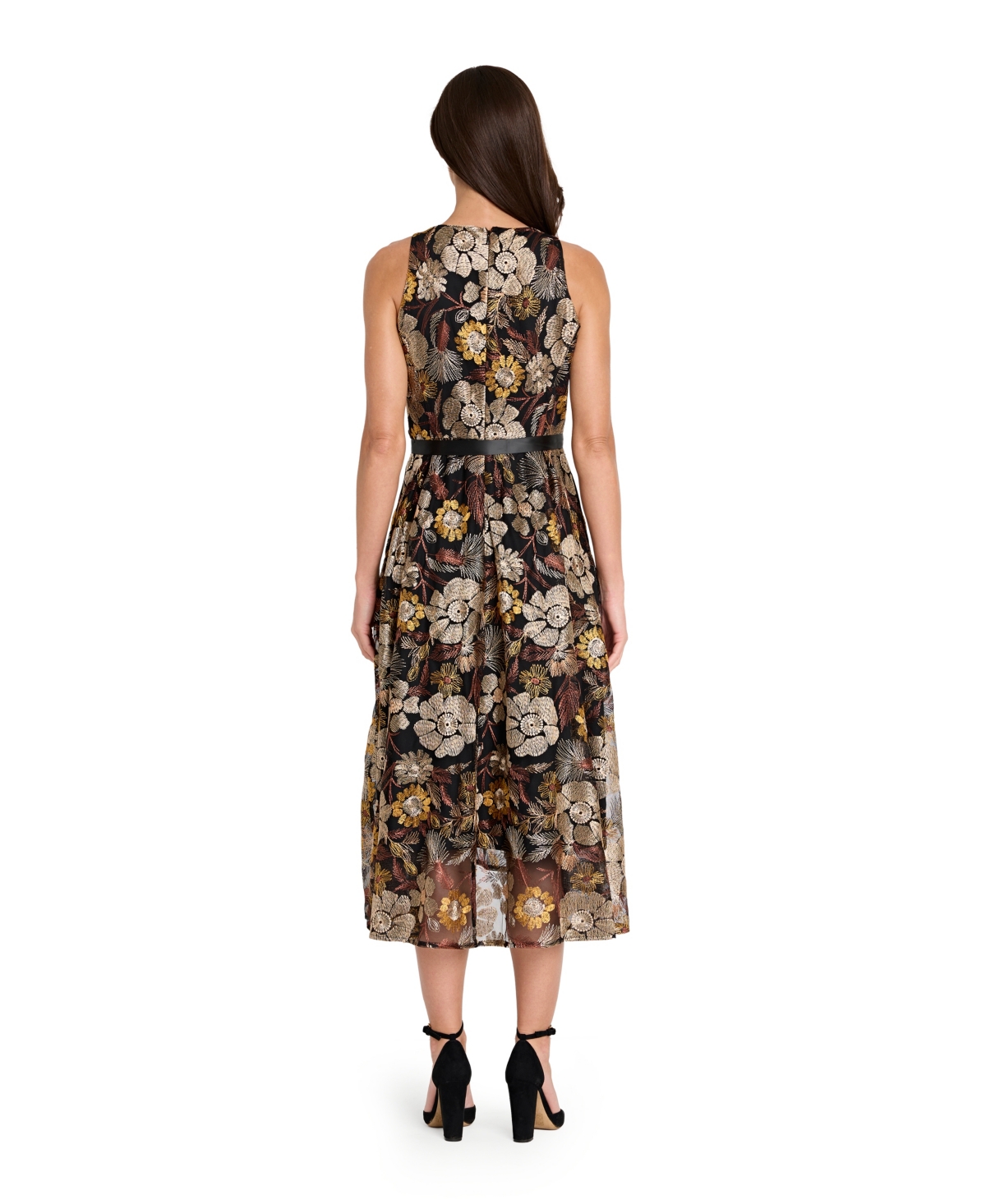 Tahari Asl Embroidered Tie Waist Sleeveless Midi Dress In Brown
