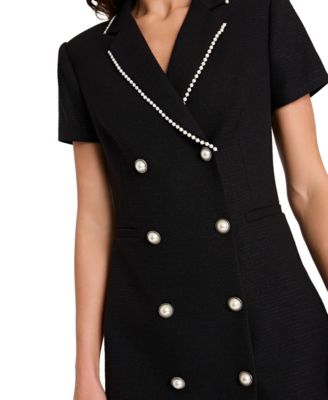 Women's Imitation Pearl Trim Boucle Coat Dress