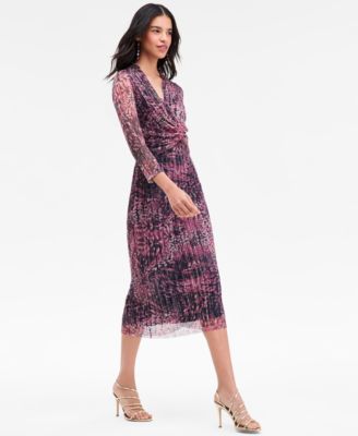 Petite Long-Sleeve Twist Front Classic Midi Dress