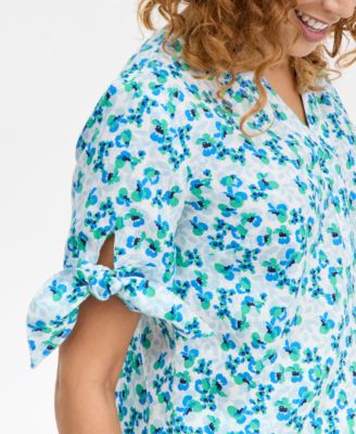Women's 100% Linen Tie-Cuff Split-Neck Top, Macy's Exclusive