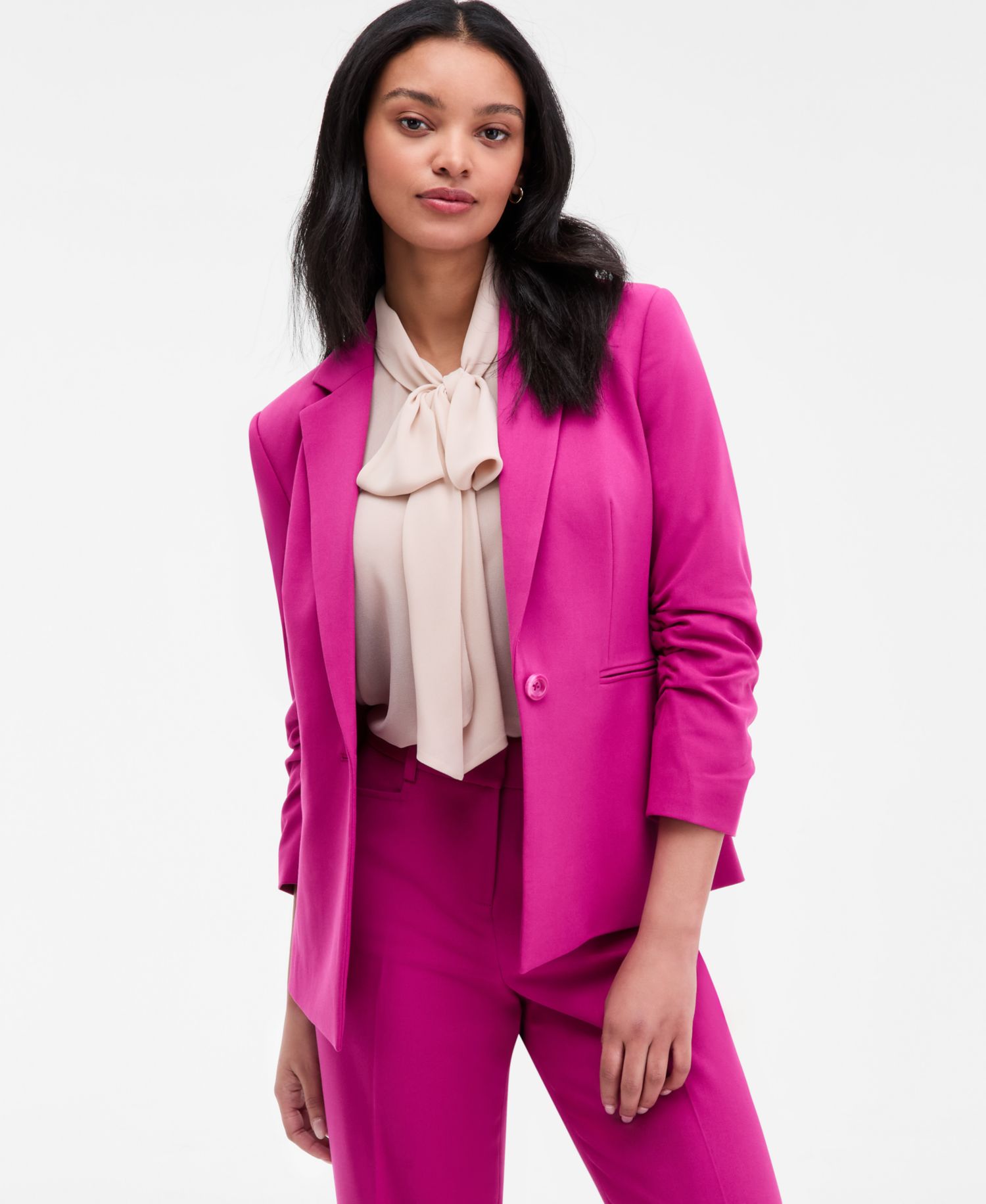 Women's Ruched-Sleeve One-Button Blazer