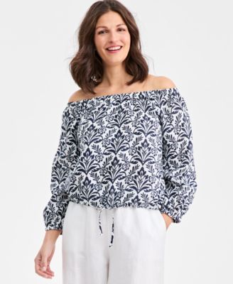Charter Club - Women's Linen Tile On-Off-Shoulder 3/4-Sleeve Top