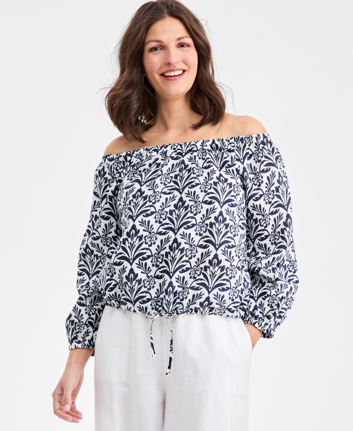 Charter Club Women's 100% Linen Tile On-Off-Shoulder 3/4-Sleeve Top, Macy's Exclusive