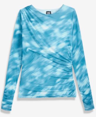 Women's Printed Long-Sleeve Draped Mesh Top